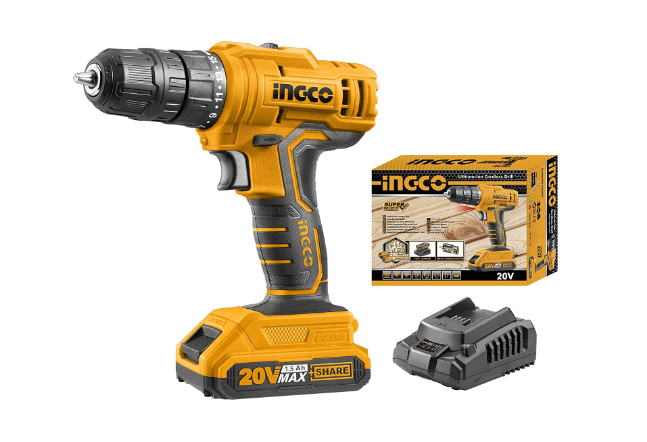 12-volt rechargeable drill with battery, blades and anchor from INGCO 