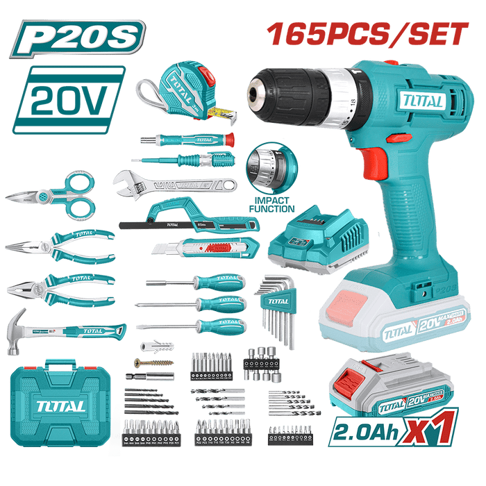 Tool set with 12-volt charging drill, 165 pieces from TOTAL 