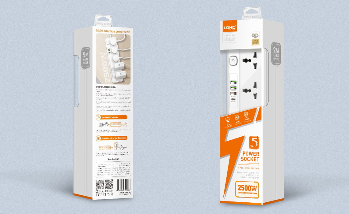 وصلة كهربائي ينفيرسال 5مخارج مع 3 منافذ شحن سريعة USB و Type-Cمن لدينيو LDNIO