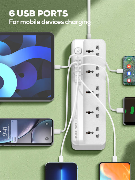 وصلة كهرباء ينفيرسال 5 مخارج مع 6 مخارج شحن USB من لدينيو LDNIO