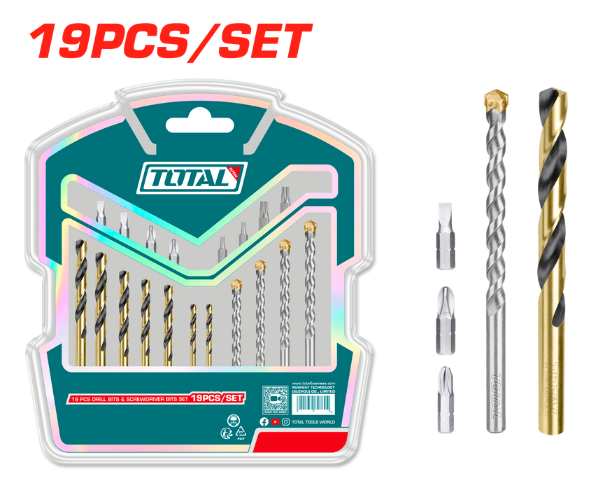 A set of 19-piece drill bits and screwdrivers from Total 